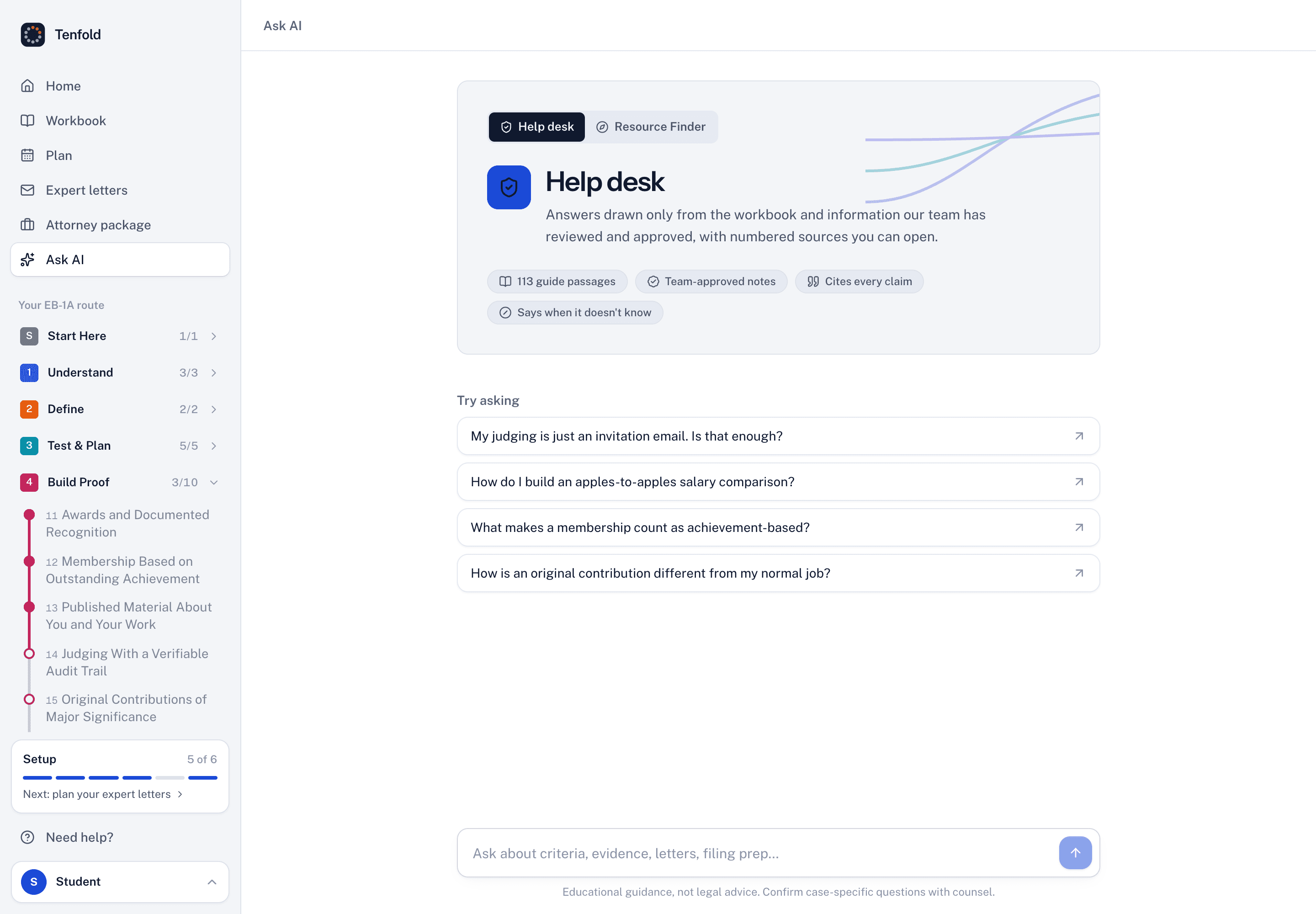 Ask AI screen in the EB1A Ready portal